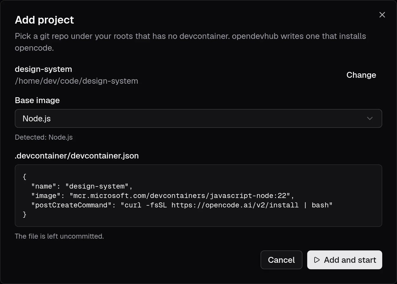 The Add project dialog for a Node.js repo, showing the detected base image and the devcontainer.json it will write