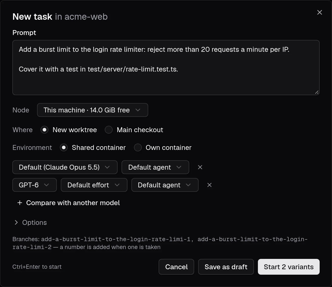The New task dialog with a prompt, a new worktree in the shared container, and two models to compare