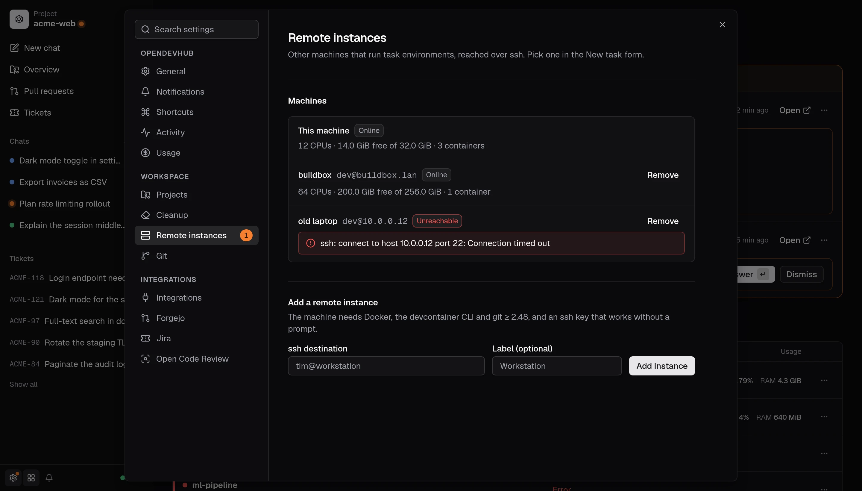 Remote instances settings: this machine and a build box online, an old laptop unreachable over ssh, and the form to add an instance