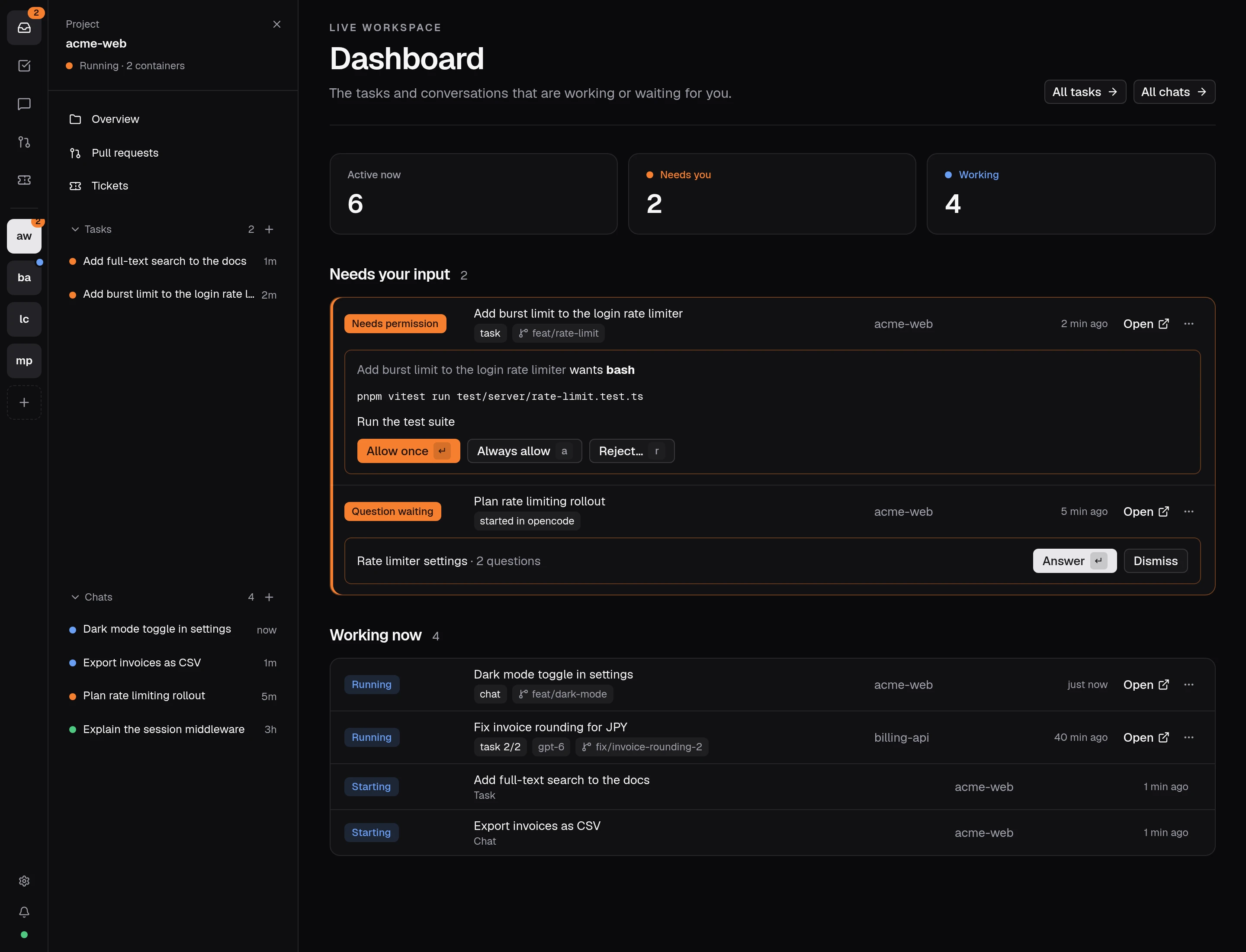 The Overview page: one agent asking to run a command and another with questions, both answerable inline, above the projects