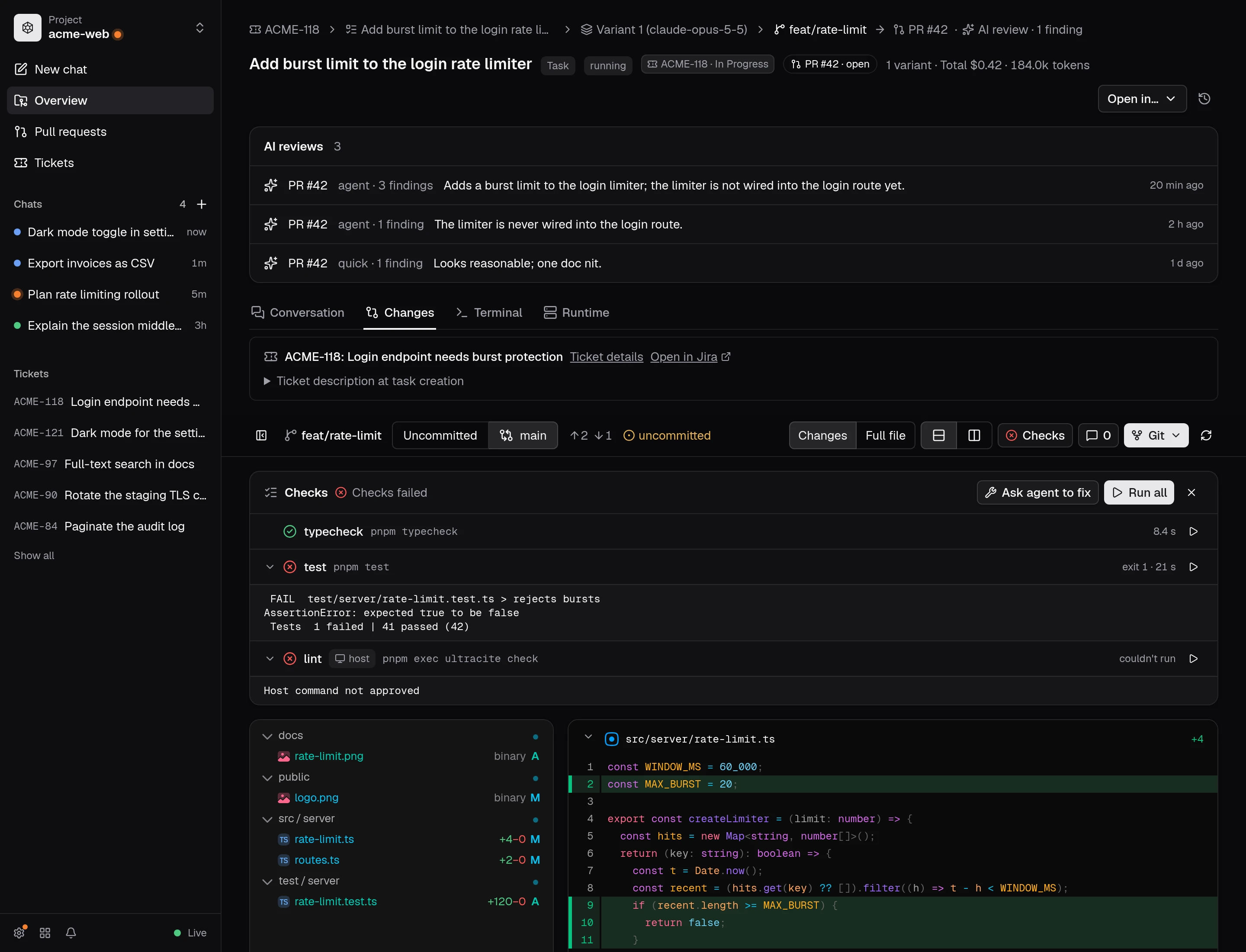 A task worktree's changes, checks and diff, with commit, merge and publish under Git