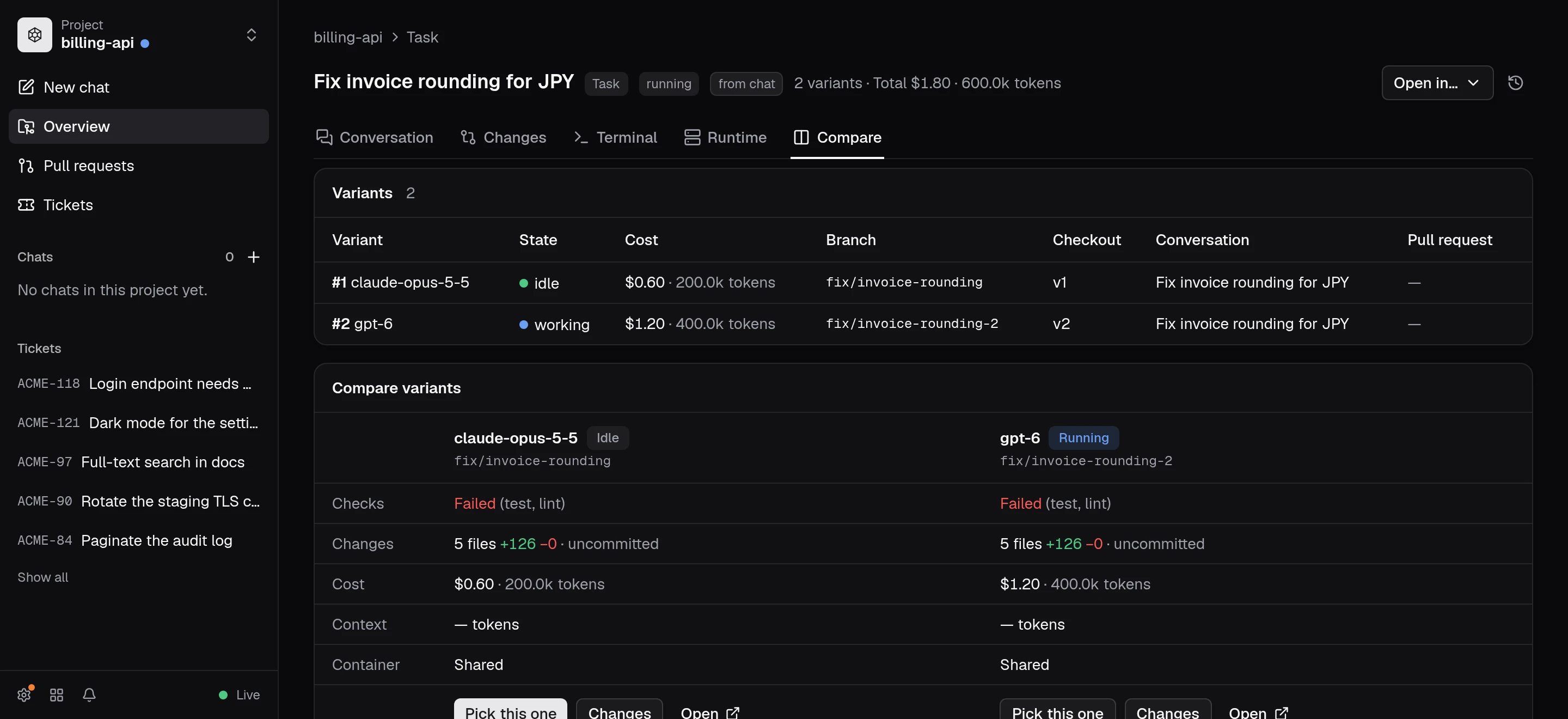 A task page comparing two variants side by side, each with its branch, cost, tokens and changes